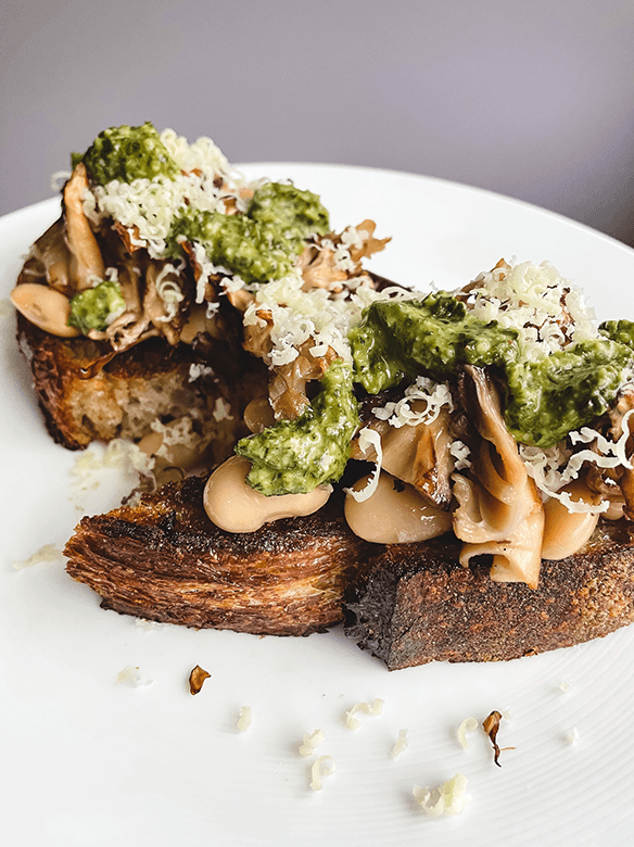 White Bean and Maitake Mushroom Toast with Easy Ghee Pesto Recipe