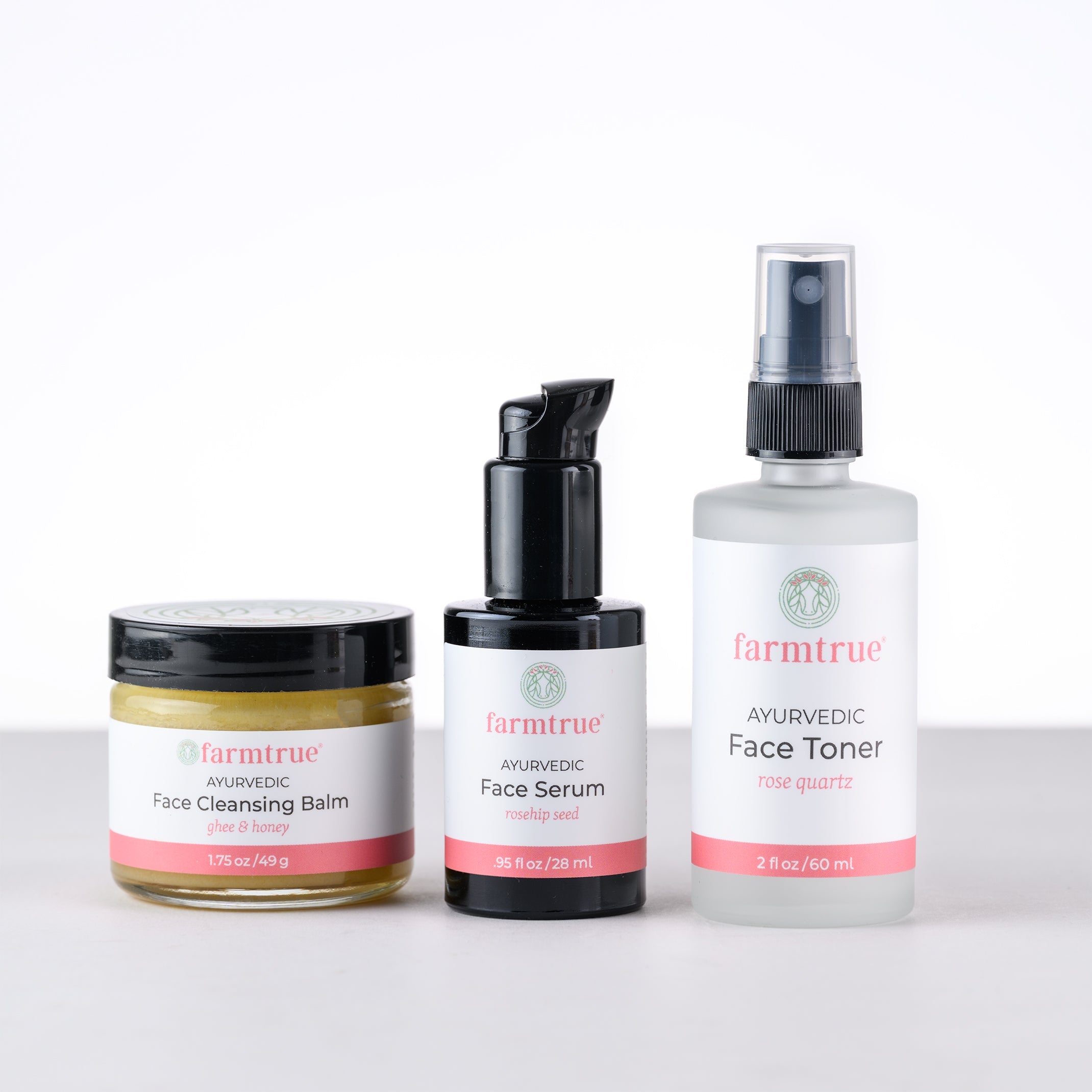 Ayurvedic Face Care Trio: Ghee & Honey Cleansing Balm, Rose Quartz Face Toner & Rosehip Seed Face Serum Farmtrue | Berkshires