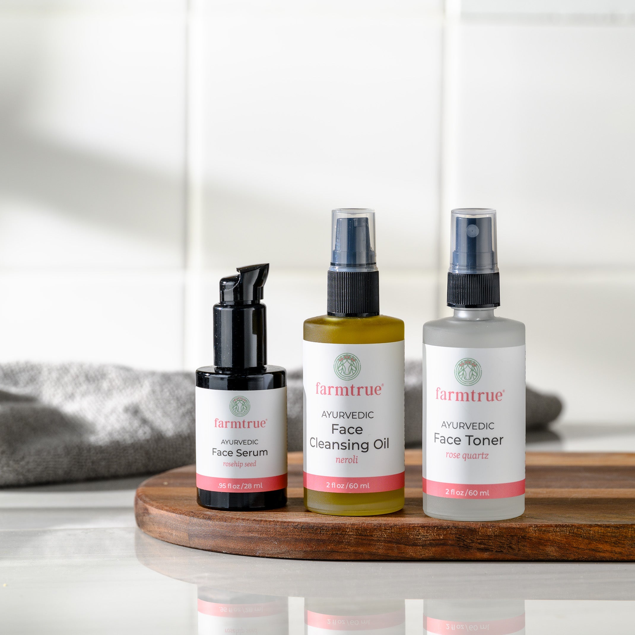 Ayurvedic Face Care Trio: Neroli Face Cleansing Oil, Rose Quartz Face Toner & Rosehip Seed Face Serum Farmtrue | Berkshires