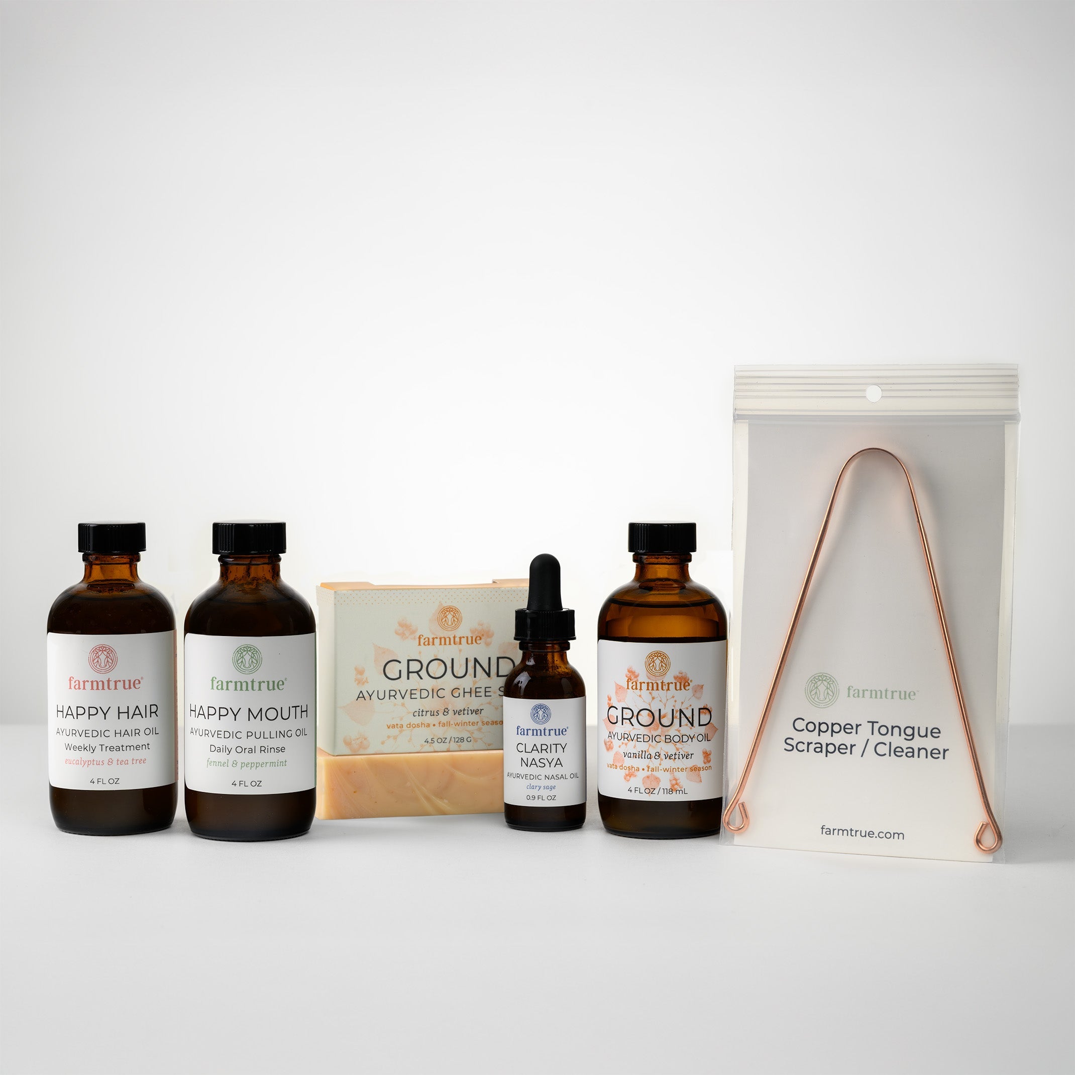Ayurvedic Self-Care Bundle - Ground: Body Oil, Pulling Oil, Hair Oil, Nasya Oil, Soap & Tongue Scraper Farmtrue | Berkshires