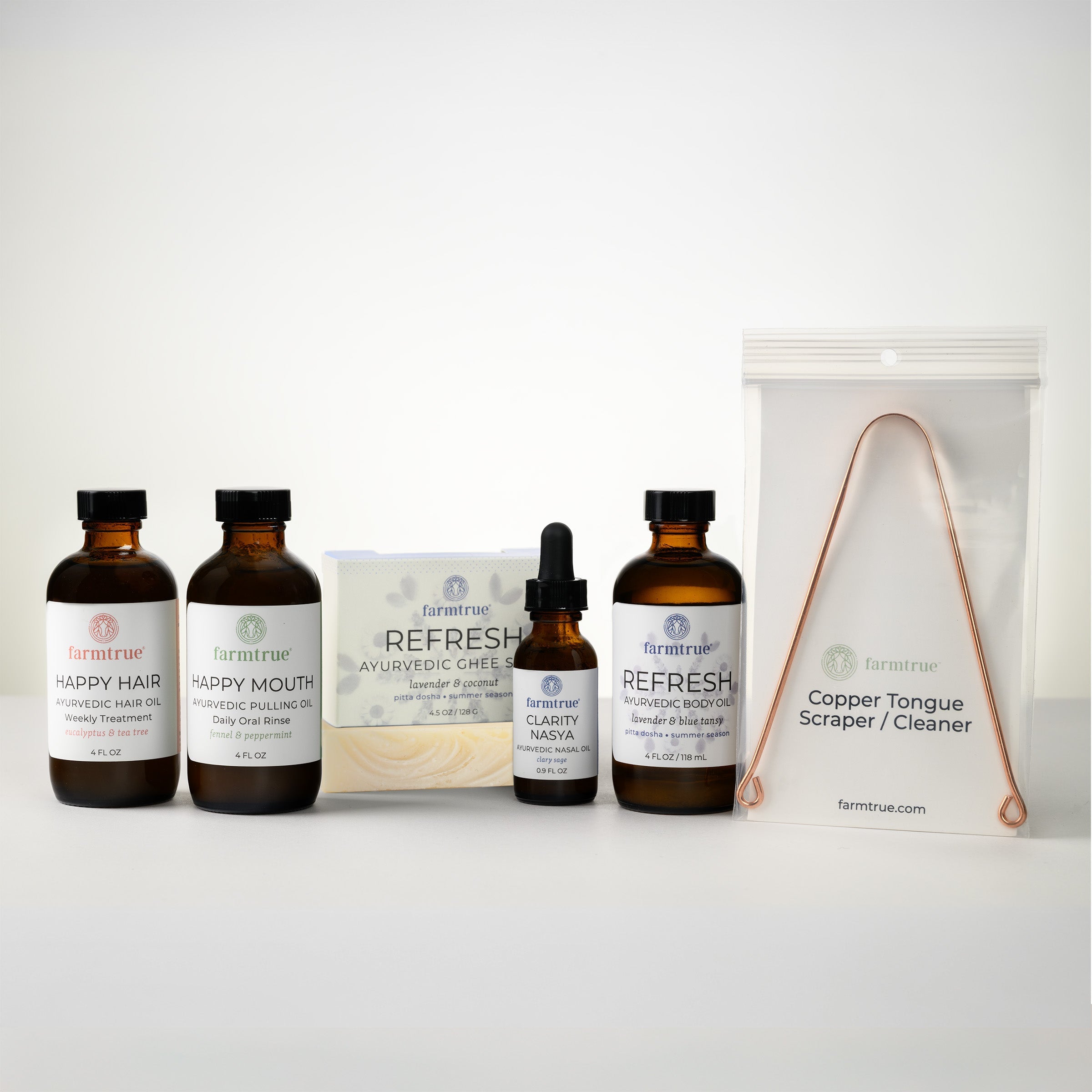 Ayurvedic Self-Care Bundle - Refresh: Body Oil, Pulling Oil, Hair Oil, Nasya Oil, Soap & Tongue Scraper Farmtrue | Berkshires