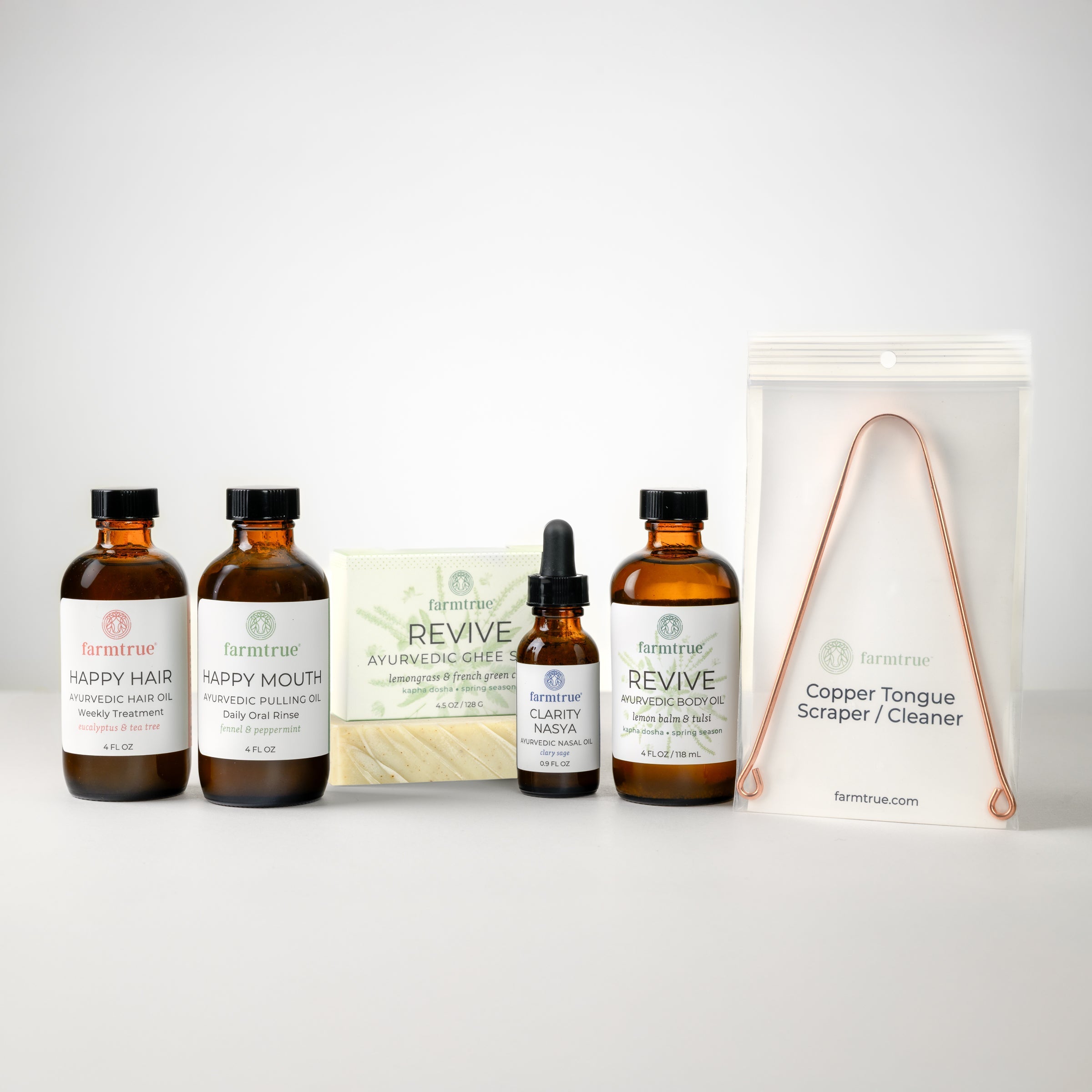 Ayurvedic Self-Care Bundle - Revive: Body Oil, Pulling Oil, Hair Oil, Nasya Oil, Soap & Tongue Scraper Farmtrue | Berkshires