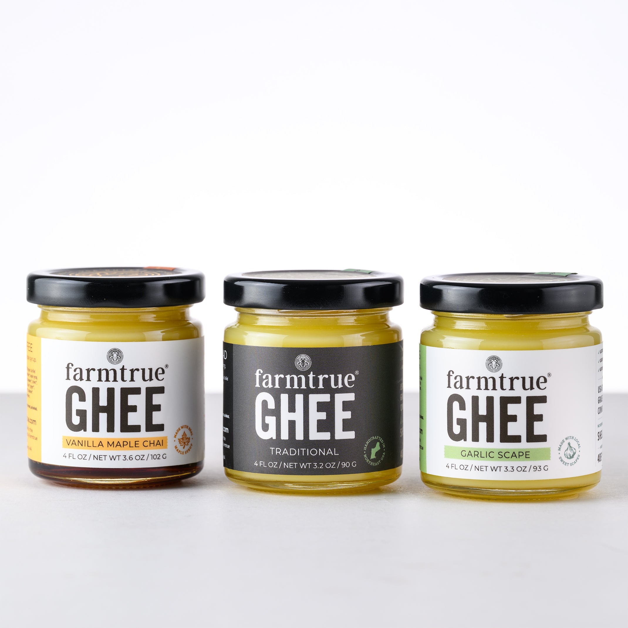 Grass-Fed Ghee Trio - 4 oz: Traditional, Garlic Scape & Vanilla Maple Chai Farmtrue | Berkshires