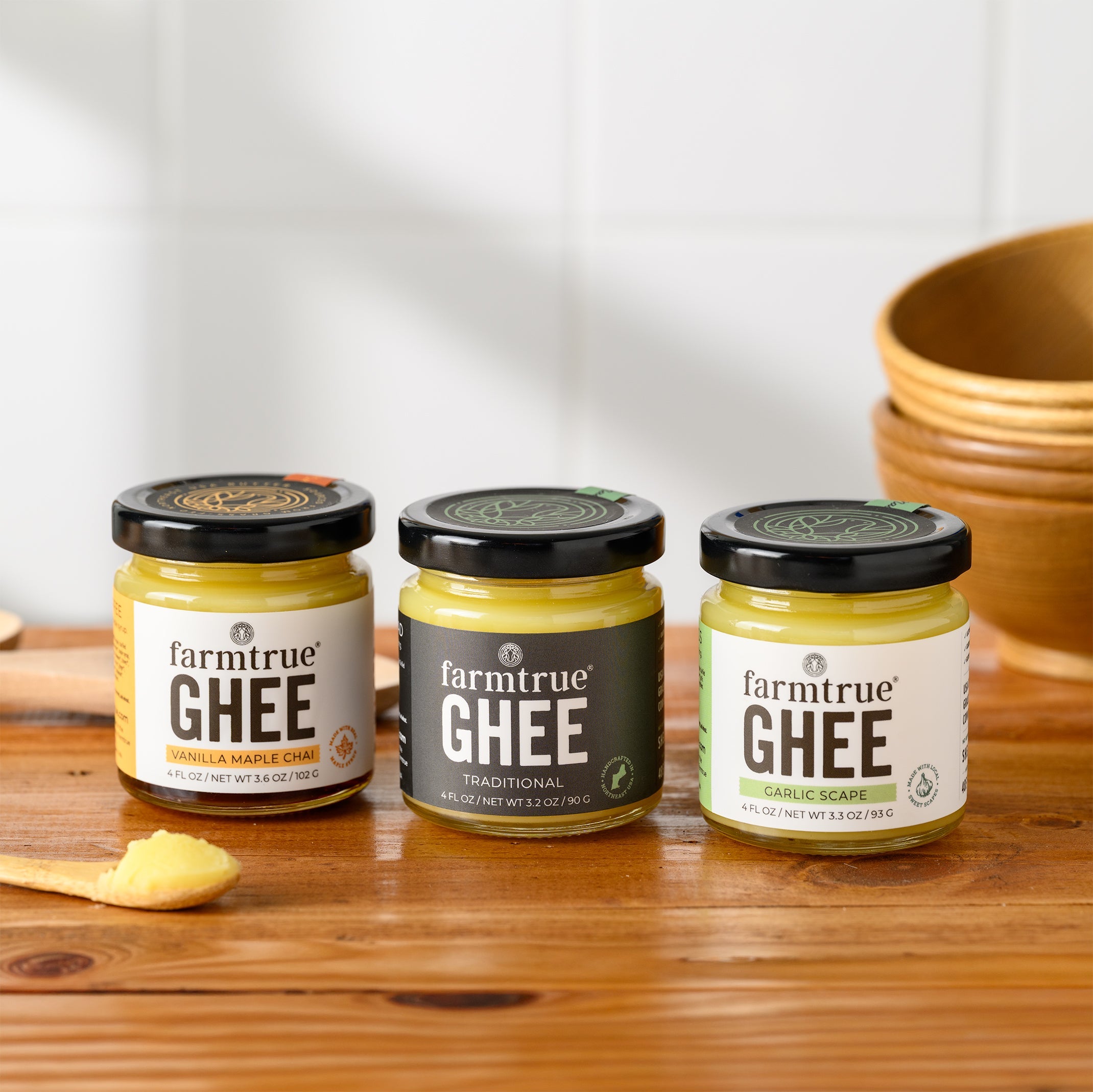 Grass-Fed Ghee Trio - 4 oz: Traditional, Garlic Scape & Vanilla Maple Chai Farmtrue | Berkshires
