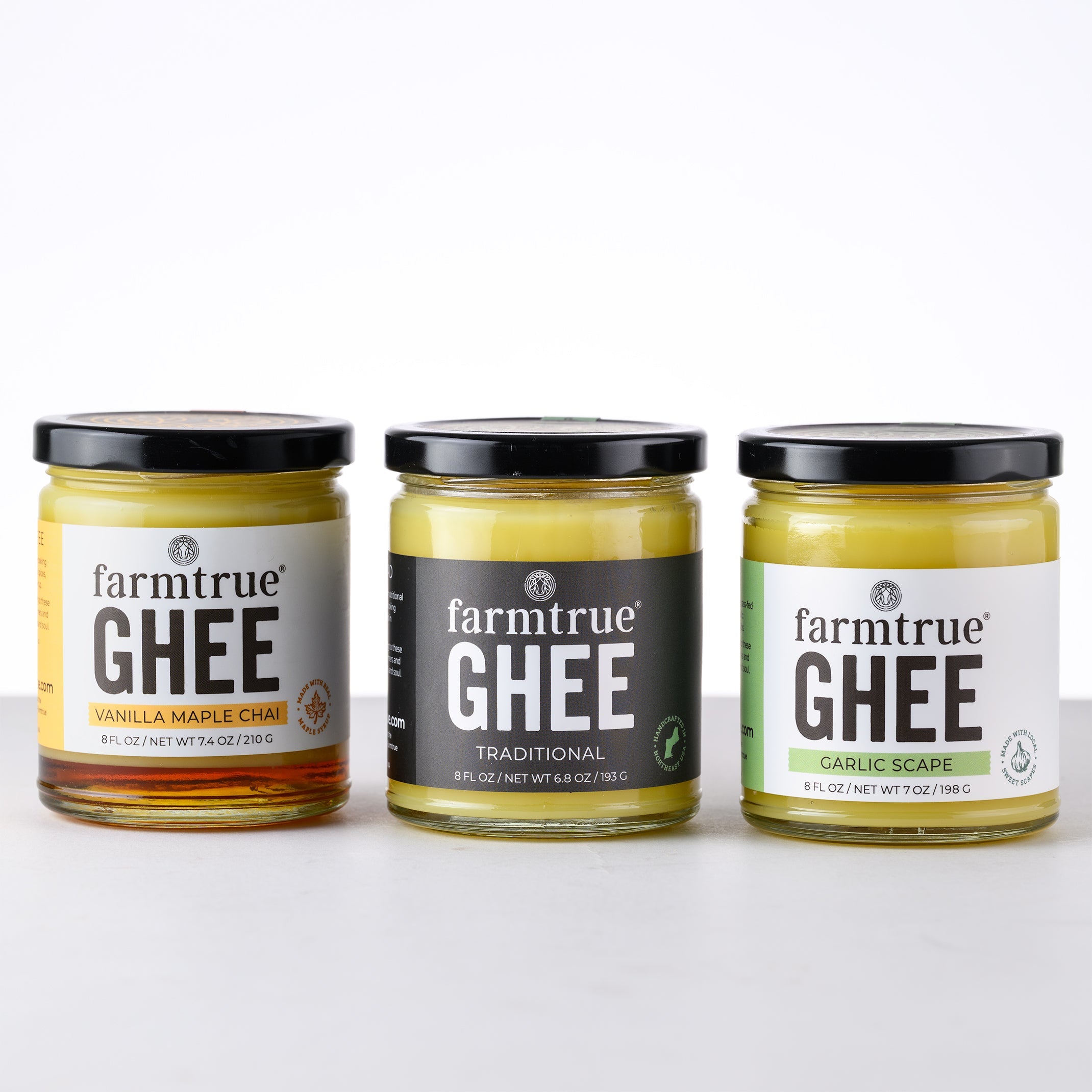 Grass-Fed Ghee Trio - 8 oz: Traditional, Garlic Scape & Vanilla Maple Chai Farmtrue | Berkshires