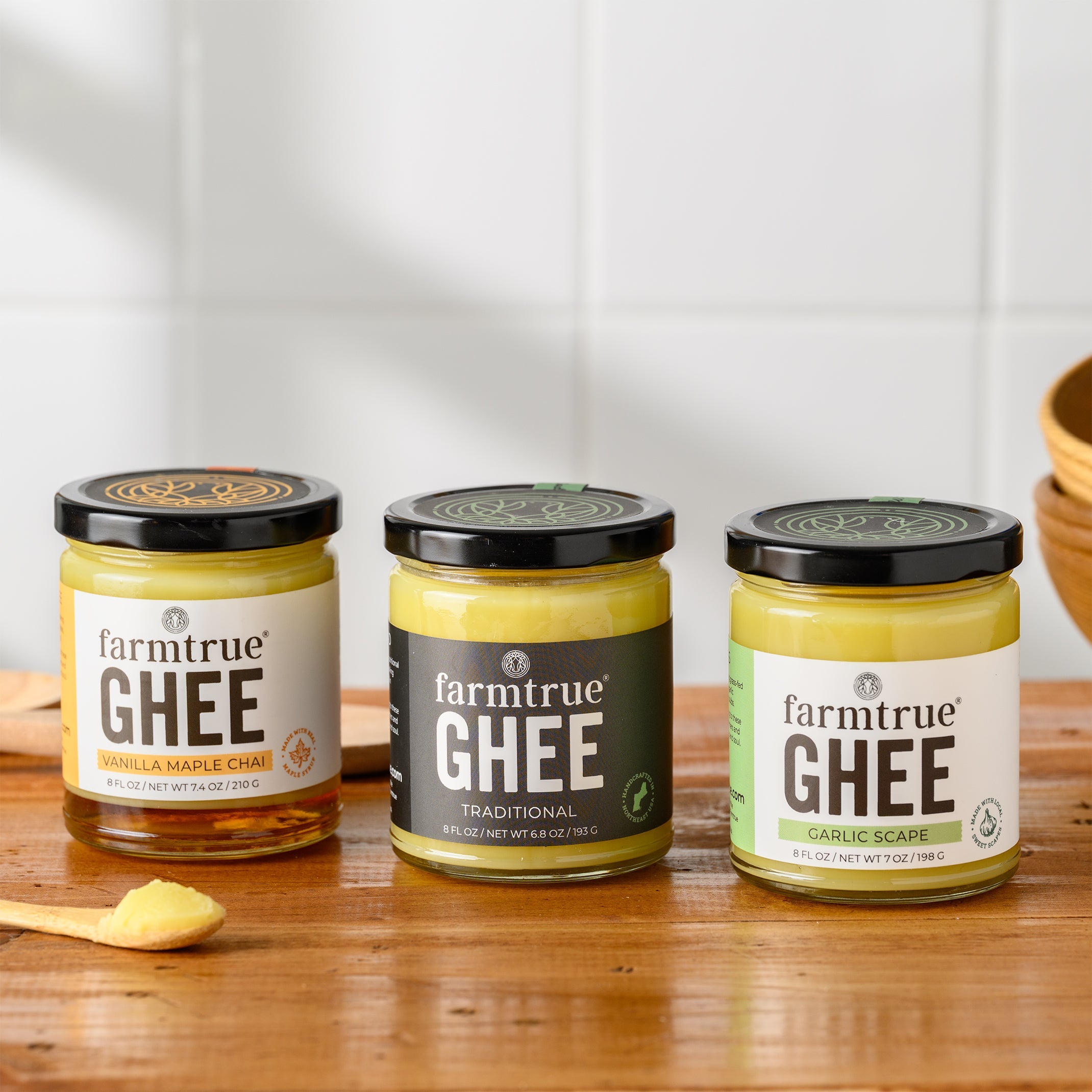 Grass-Fed Ghee Trio - 8 oz: Traditional, Garlic Scape & Vanilla Maple Chai Farmtrue | Berkshires