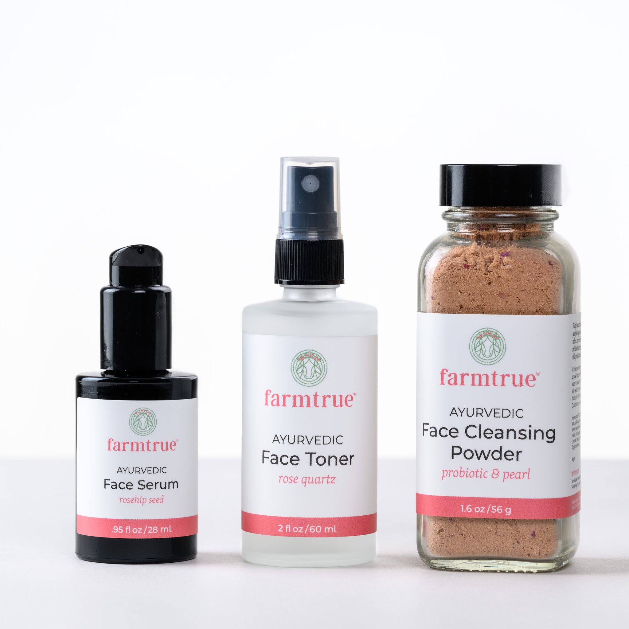 Ayurvedic Face Care Trio: Probiotic & Pearl Face Cleansing Powder, Rose Quartz Face Toner & Rosehip Seed Face Serum