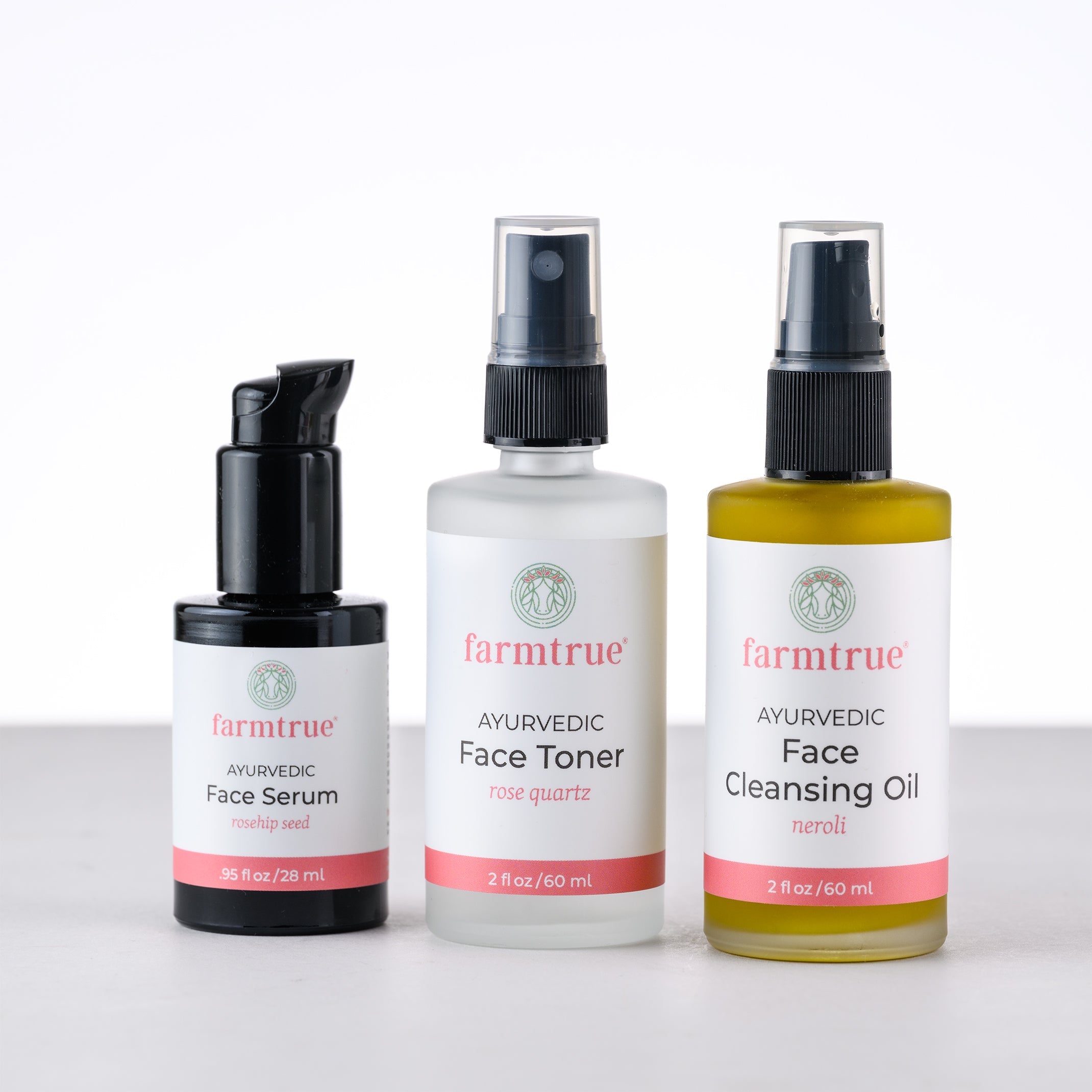 Ayurvedic Face Care Trio: Neroli Face Cleansing Oil, Rose Quartz Face Toner & Rosehip Seed Face Serum Farmtrue | Berkshires