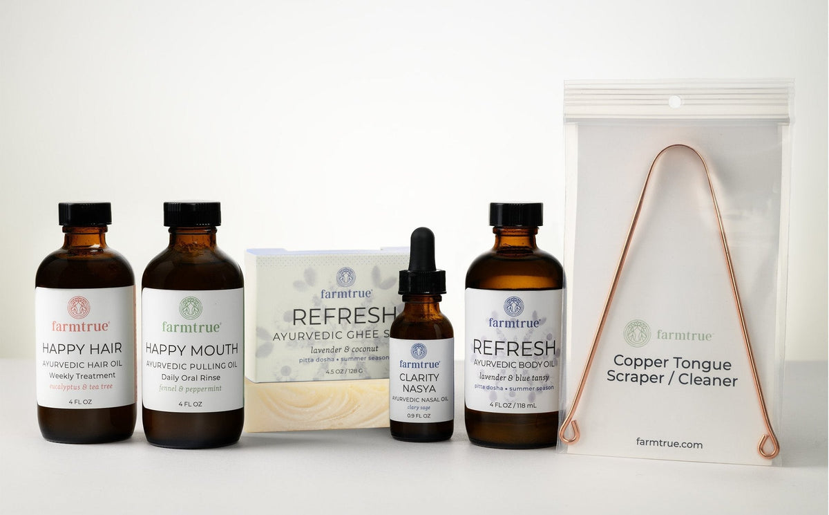 Ayurvedic Self-Care Bundle: Body Oil, Pulling Oil, Hair Oil, Nasya Oil, Soap & Tongue Scraper Fast Bundle