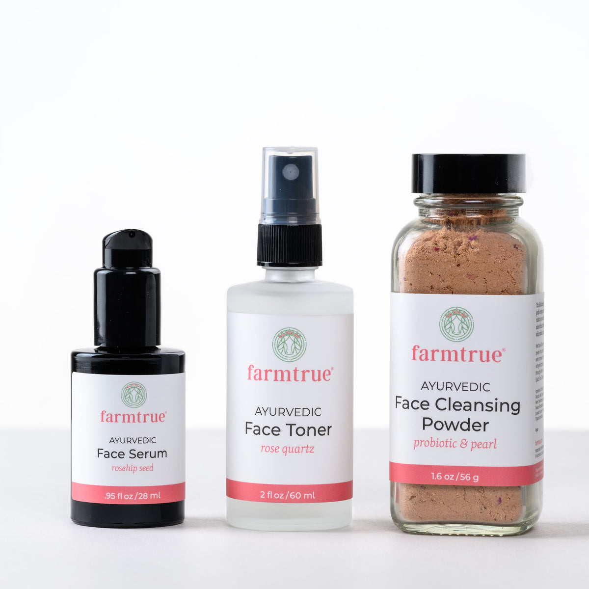 Ayurvedic Face Care Trio: Cleansing Balm/Oil/Powder, Rose Quartz Face Toner & Rosehip Seed Face Serum